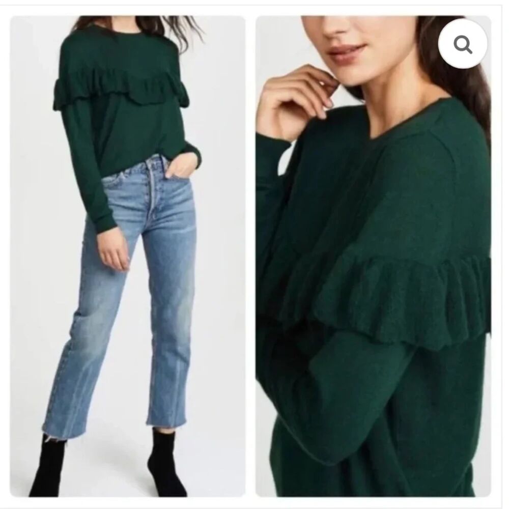 ANINE BING 100% Cashmere Ruffle Crew Neck Sweater Green Small